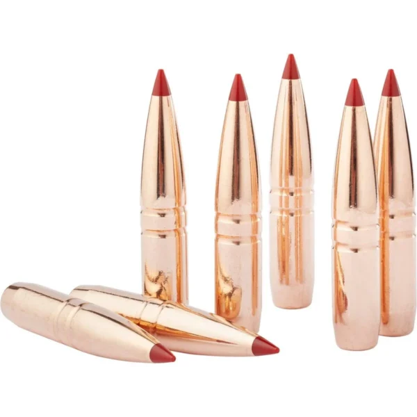 Hornady CX Bullets, copper-coloured bullets with red tips, upright and lying views