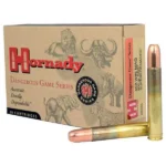 Hornady Dangerous Game Rifle Ammunition, tan box with three brass cartridges