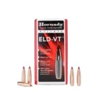 Hornady ELD-VT rifle bullets with red and black box, front view