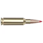 Hornady ELD-VT V-Match, brass rifle cartridge with copper bullet and red polymer tip, side view