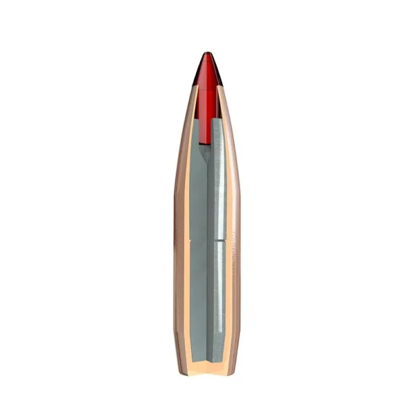 Hornady ELD-X, cutaway view of a pointed red-tip bullet showing internal construction