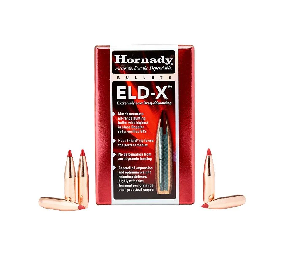 hornady-eld-x-rifle-bullets-25-cal-257-128-gr-primary Hornady HRNDY ELD-X, red and black box front with four copper-tipped bullets
