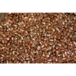 Hornady FMJ Handgun Bullets, copper-coloured round-nose bullets in a pile, top view