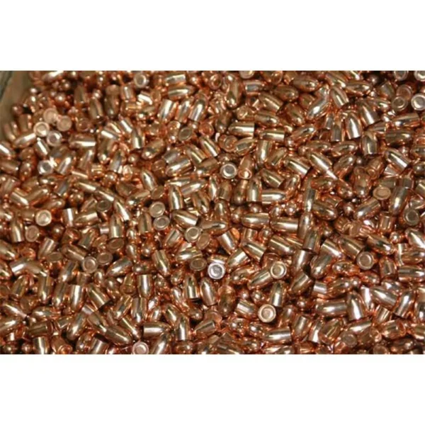 Hornady FMJ Handgun Bullets, copper-coloured round-nose bullets in a pile, top view