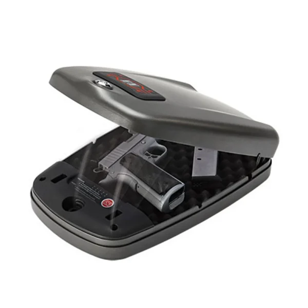 Hornady RAPiD Handgun Safe 2700KP, gray safe open with handgun secured inside