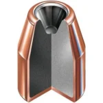 Hornady HAP Handgun Bullets, cutaway view of copper-coloured bullet showing dark core and hollow point