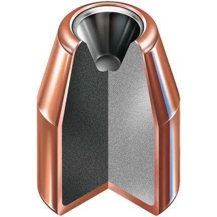 Hornady HAP Handgun Bullets, cutaway view of copper-coloured bullet showing dark core and hollow point