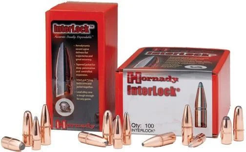 Hornady InterLock Bullets, red boxes with copper-colored pointed bullets arranged in front
