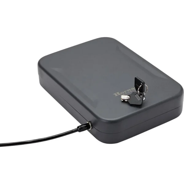 Hornady Lock Box XL Handgun Safe, dark gray angled top view with key lock and cable