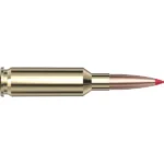 Hornady Match Ammunition 6mm GT, side view of brass cartridge with copper bullet and red polymer tip