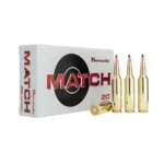 Hornady Match ELD white ammunition box with red lettering and three brass cartridges, front view