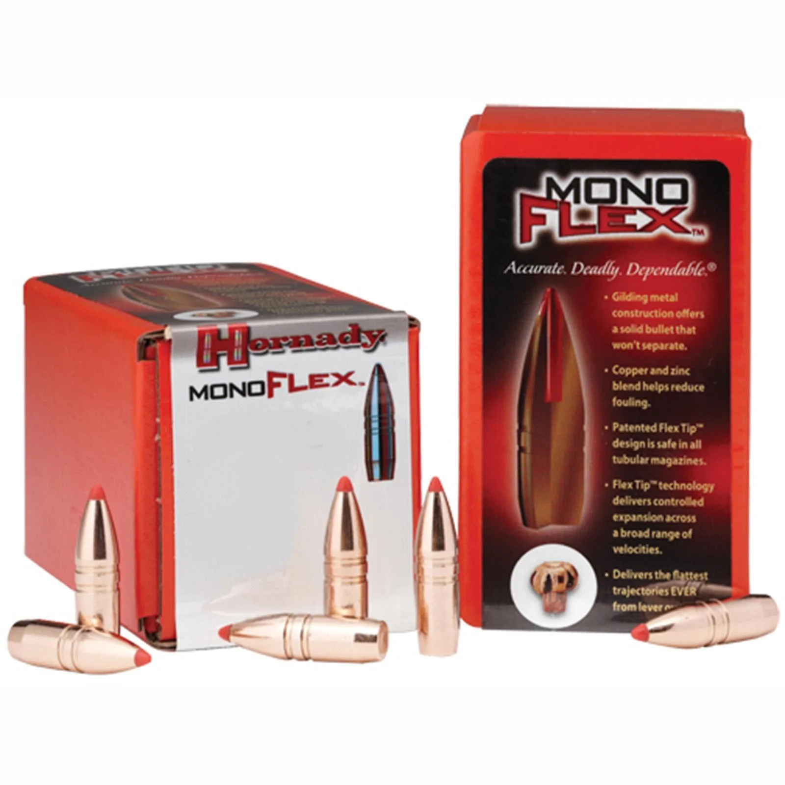 hornady-monoflex-rifle-bullets-308-primary Hornady MonoFlex, red boxes with five copper-coloured pointed bullets