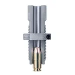 Hornady Expander Taper Crimp Die, silver die shown upright with cartridge inserted