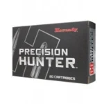 Hornady Precision Hunter Rifle Ammunition, front and right side view of black box