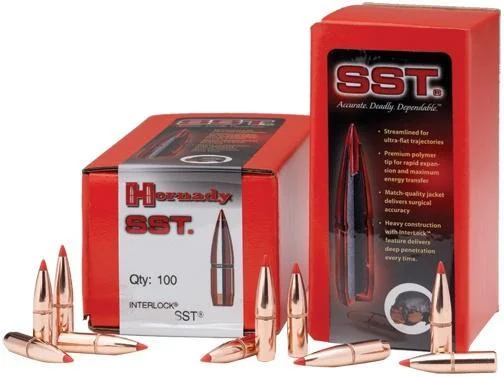 hornady-sst-bullets-25-cal-117-gr-primary Hornady SST Bullets, copper-coloured pointed bullets displayed beside red boxes