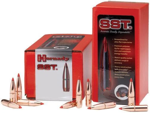 hornady-sst-bullets-300-savage-150-gr-primary Hornady SST Bullets, red product boxes with copper-coloured pointed bullets arranged in front