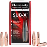 Hornady Sub-X box with five copper-colored expanding bullets displayed in front