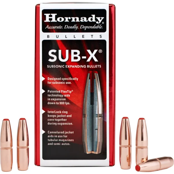Hornady Sub-X box with five copper-colored expanding bullets displayed in front