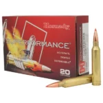 Hornady Superformance Rifle Ammunition, red box with two brass cartridges, angled view