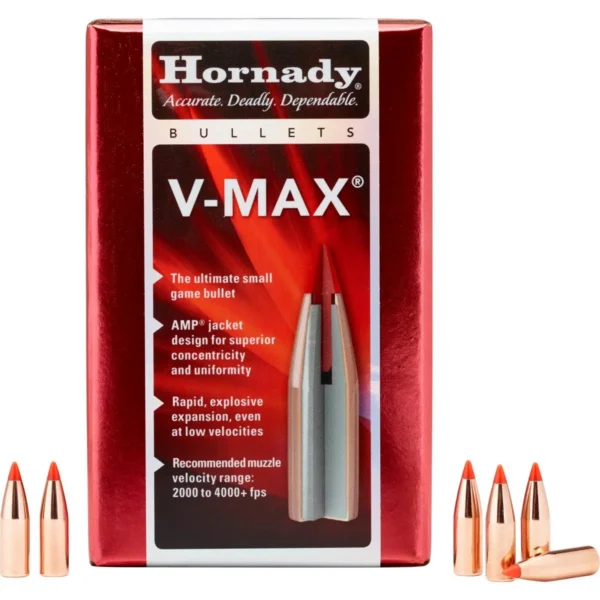 Hornady V-Max Varmint Rifle Bullets, red box with copper bullets and red polymer tips