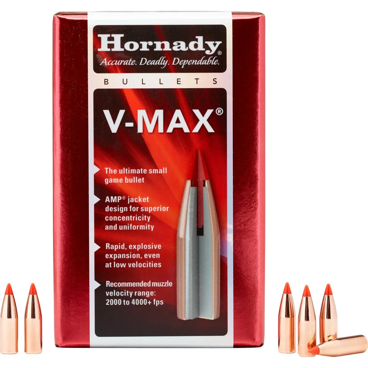 hornady-v-max-varmint-rifle-bullets-primary Hornady V-Max Varmint Rifle Bullets, red box with copper bullets and red polymer tips