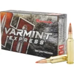 Hornady Varmint Express Rifle Ammunition, box with three brass cartridges and red-tipped bullets
