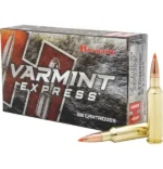 Hornady Varmint Express Rifle Ammunition, box with three brass cartridges and red-tipped bullets