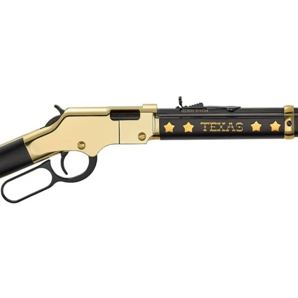 HENRY H4 TEXAS EDITION, gold and black right-side view with lever action and Texas stars