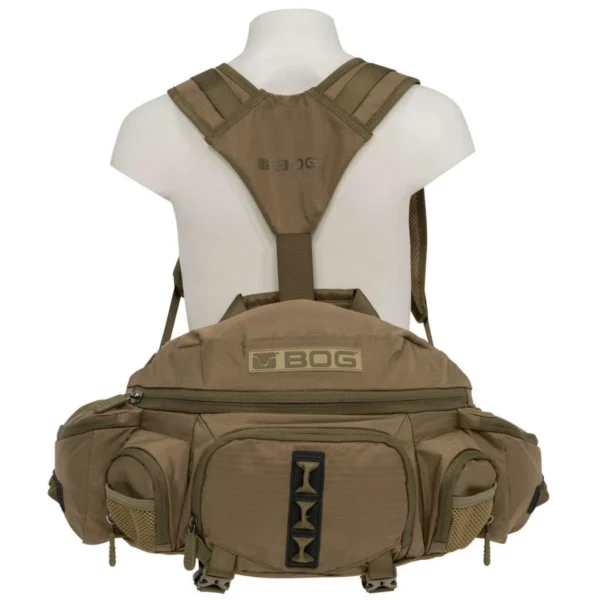 AOB BOG Hunting Fanny Pack, coyote brown front view on mannequin with shoulder harness and pockets
