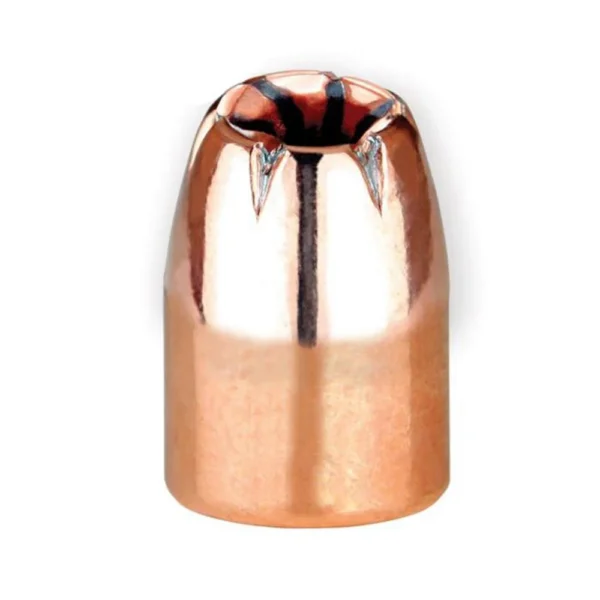 Berry's Hybrid Hollow Point Handgun Bullets, front view of copper-colored hollow-point bullet