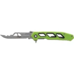 Battenfeld Knives Schrade Isolate Enrage 7 folding knife, left side with green handle and exposed blade