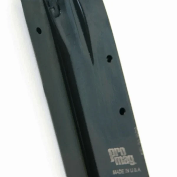ProMag Kel-Tec P11 Magazine, black blued steel angled side view with witness holes and baseplate