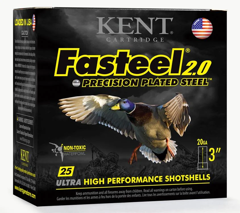 kent-fasteel-2-0-20-ga-shotshells-primary-2 Kent Fasteel 2.0 Shotshells, front view of black box with duck artwork