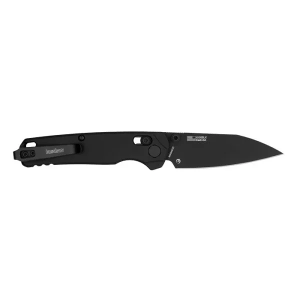 Kershaw Bel Air folding knife, open side view with black handle and reverse tanto blade