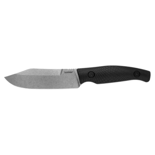 Kershaw Camp 5 Fixed Knife side view with silver clip-point blade and black textured handle