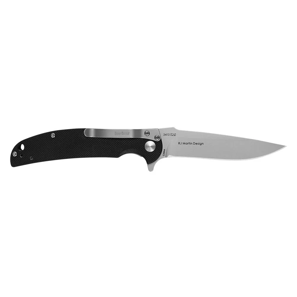kershaw-chill-folding-knife-primary Kershaw Chill Folding Knife, open right-side view with black handle and silver drop-point blade