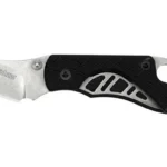 Kershaw Cinder knife, side view opened with stonewashed blade, black handle and keyring hole