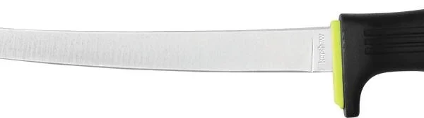 Kershaw Fillet Knife silver curved blade with black handle and yellow accents, side view
