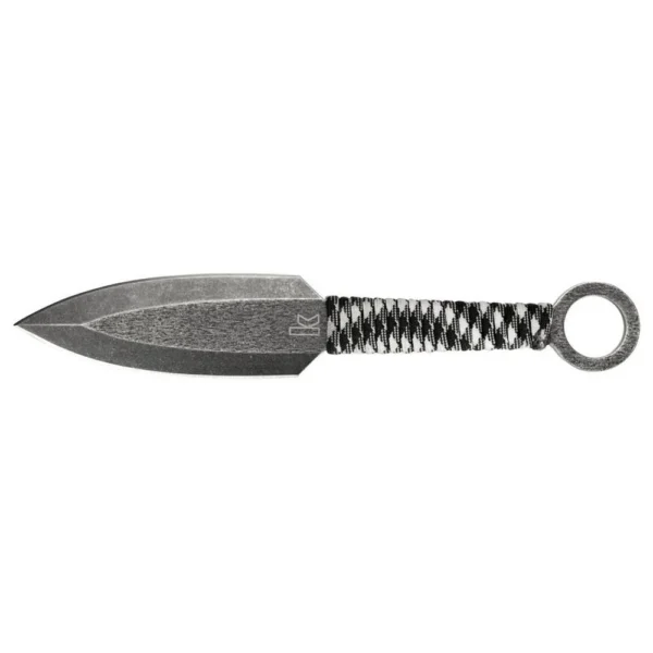 Kershaw ION Throwing Knives, one dark spear-point knife with cord-wrapped handle and ring