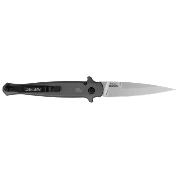 Kershaw Launch 8 black automatic knife, left side with silver spear-point blade open