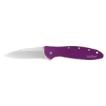 Kershaw Leek folding knife, left-side view with purple handle and silver drop-point blade open