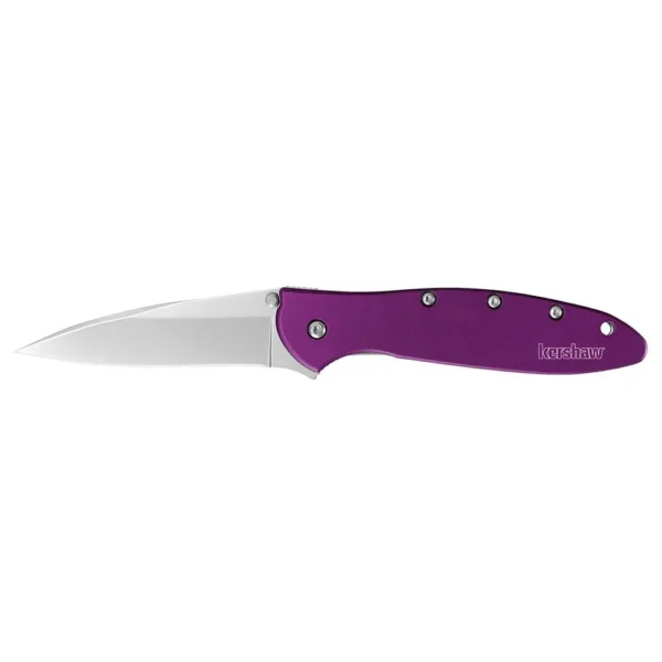 Kershaw Leek folding knife, left-side view with purple handle and silver drop-point blade open