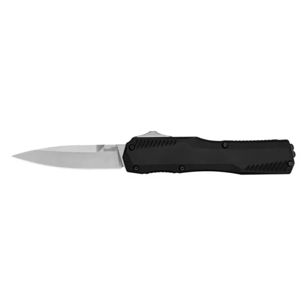 Kershaw Livewire OTF automatic knife, side view with black handle and silver blade extended