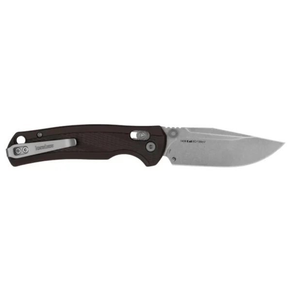 Kershaw Maneuver, side view with silver drop point blade, dark handle and pocket clip