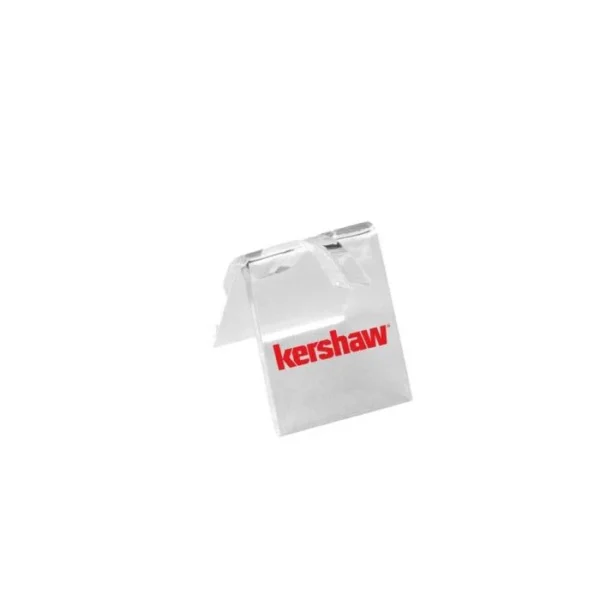 Kershaw Single Knife Blade Stand in clear acrylic with red Kershaw logo