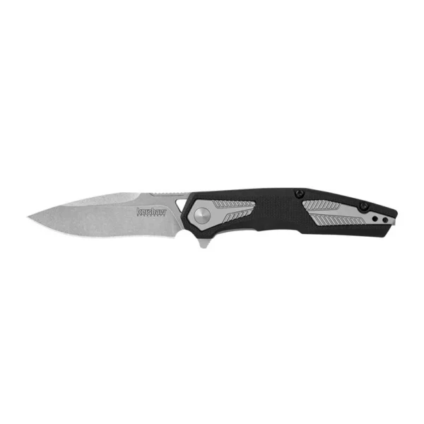 Kershaw Tremolo Spring Assisted Folding Knife, open side view with silver blade and black handle