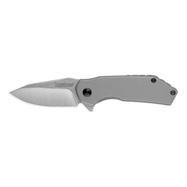 Kershaw Valve Folding Knife, open right-side view with silver drop point blade and gray handle