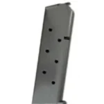 Kimber 1911 Magazine, angled side view in stainless steel with witness holes and baseplate