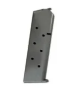 Kimber 1911 Magazine, angled side view in stainless steel with witness holes and baseplate