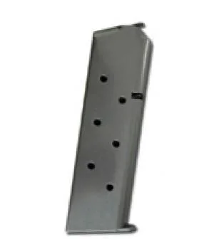 kimber-1911-45-acp-7-round-stainless-steel-magazine-primary Kimber 1911 Magazine, angled side view in stainless steel with witness holes and baseplate
